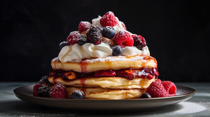 Fluffy stack of pancakes topped with whipped cream and fresh berries, a mouthwatering and tempting breakfast delight , Generative AI