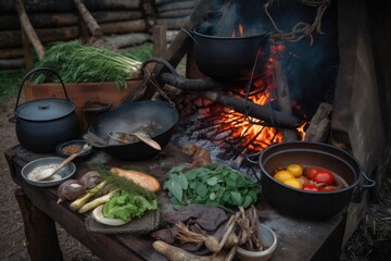 Poster - campfire cook, preparing meal with fresh ingredients and spices on campfire, created with generative ai