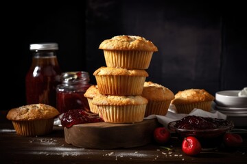 Wall Mural - stack of freshly baked muffins with sweet strawberry jam, created with generative ai