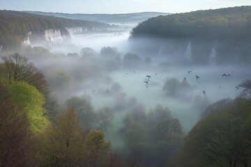 Wall Mural - ethereal mist over valley, with alien creatures exploring the landscape, created with generative ai
