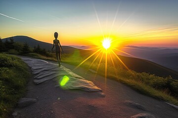 Wall Mural - alien jogging on scenic mountain trail, with the sunrise in the background, created with generative 