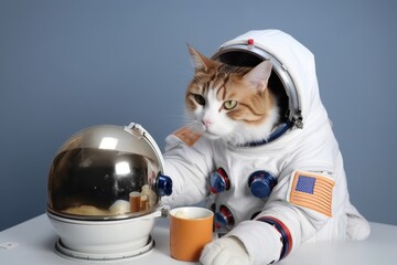 Wall Mural - feline astronaut sipping cup of space tea while canine companion floats nearby, created with generat