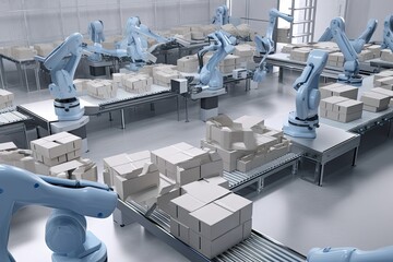 Wall Mural - packaging and sorting robots working together to swiftly and efficiently sort large quantities of packages, created with generative ai