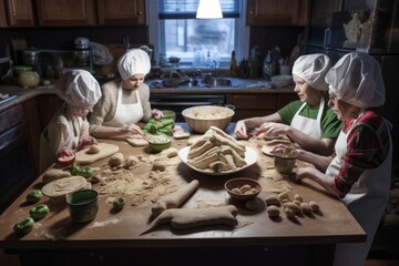 Poster - alien family making traditional holiday cookies, while setting the table for a feast, created with generative ai