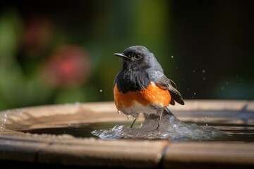 Wall Mural - male redstart in bird bath, with wings spread, created with generative ai