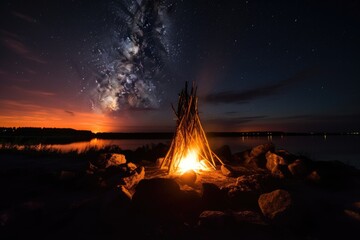 Sticker - bonfire glowing in the night, with a view of the starry sky, created with generative ai