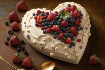 Poster - heart-shaped cake with fresh berries and cream cheese frosting, created with generative ai