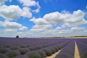 Sticker - sea of lavender fields, with blue sky and fluffy clouds in the background, created with generative ai