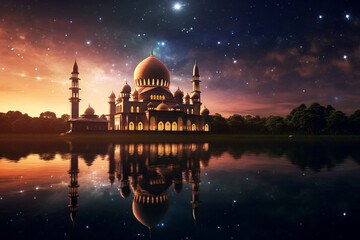 Wall Mural - A breathtaking view of the night sky, with the moon and stars shining brightly over a tranquil mosque Generative AI