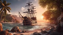 Illustration Landscape With Pirate Ship. Generative AI