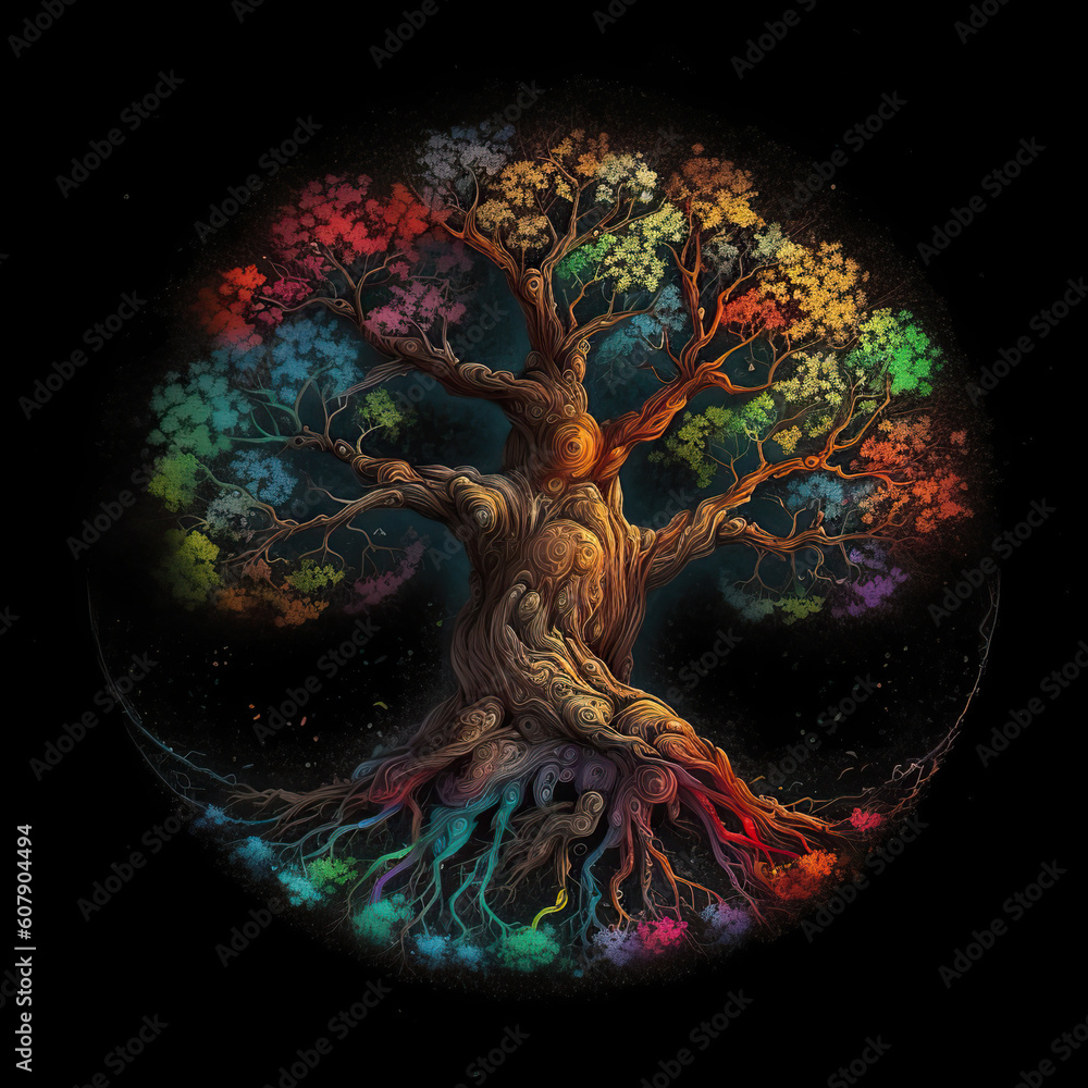 Tree of life in rainbow colors on black background, Generative AI Stock ...