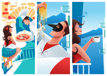 Set Of Naples Illustrations With Pizza Chef And Woman Drinking Coffee And Puffin With Spaghetti