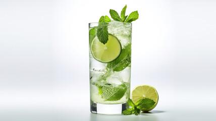 Cocktail mojito in a high glass on a white background