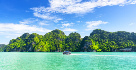 Wall Mural - Landscape of amazing green lush tropical islands and turquoise sea near Phuket, Thailand.