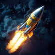 Vibrant yellow rocket soars through the galaxy, its blue engines glowing, in a hyperrealistic animation, Generative AI