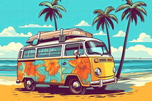 Hippie Pattern Colored Car Van For Summer Holidays Near White Sand Beach With Palms And Sea. Generative Ai