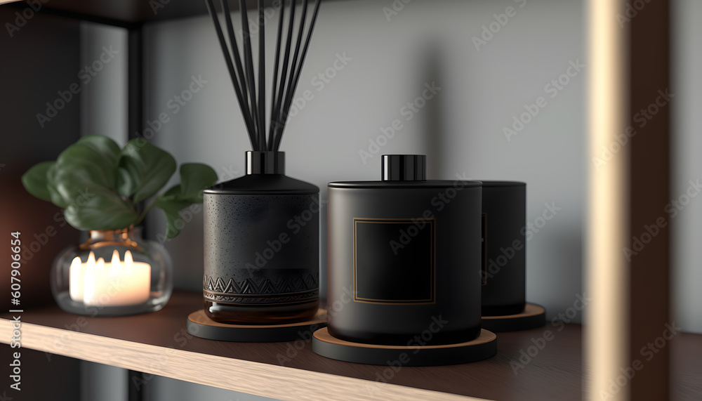luxurious diffuser with reed sticks in expensive dark interior ...