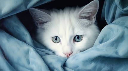 Poster - illustration of cute cat hind under blanket in bed, Generative Aii