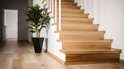 Wall Mural - Contemporary New House Interior Showcasing the Beauty of Natural Ash Tree Wooden Stairs. Generative AI