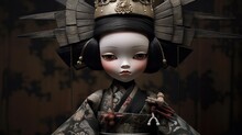 Young Princess Japanese Doll Close Up Face With Copy Space, Generative Ai