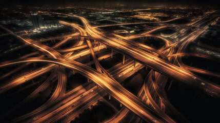 Wall Mural - Captivating Aerial View of a Complicated Intersecting Road System at Night