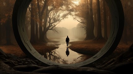 a person walking on deep forest misty fog way, illustration perspective surreal dreamland, idea for self-challenge concept and experience spiritual journey background, Generative Ai