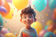 © Sergio - Cute smart little boy in glasses on background of festive balloons, portrait of pretty caucasian child. Celebration, children's birthday. Volumetric doodle illustration of Generative AI