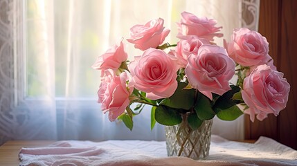 pink rose bouquet in vase on wooden table in living room, warm light shine bright from behind, idea for spring background , Generative Ai