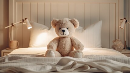 Wall Mural - cute stuffed animal toy teddy bear sitting on cozy bed, Generative Ai
