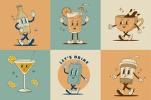 Set Of Retro Cartoon Funny Characters. Martini Coctail, Coffee Cup, Cappuccino, Latte, Fresh Juice, Beer, Soda Can Mascot. Vintage Drink Vector Illustration. Nostalgia 60s, 70s, 80s