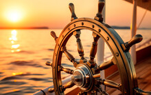 Rudder Wheel Of A Ship And Sea Horizon In The Background At Sunset. Generative AI