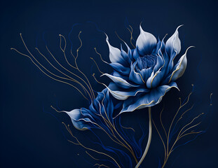 abstract botanical wallpaper with big blue flower on a dark background generative ai