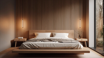 Wall Mural - Photo of a scandinavian style bedroom with a platform bed with vertical wood slats above the bed, Generative AI