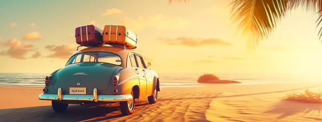 travel, luxury car with luggage for relaxing on a tropical beach. sunset trip on palm beach, travel 
