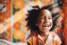 Portrait Of Adorable Joyful Little Black Girl In Her Room Laughing.