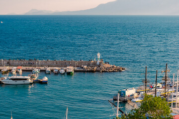 Wall Mural - Panorama view from a high point on the old port of Kaleiçi in the Turkish city of Antalya. Panoramic view of the old port in the tourist area of Kaleici.