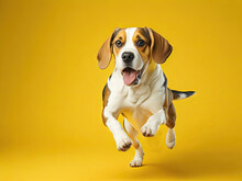 Funny Cute Beagle Dog Run On Soft Pastel Yellow Background. Ai Generative