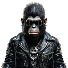 Illustration Of A Gorilla Dressed As A Rock Musician With A Leather Jacket, Sunglasses And Colored Hair. Generative Ai