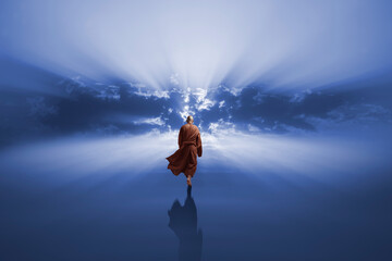 Wall Mural - Buddhist monk looking at the universe. AI generative