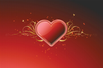 Sticker - Vector illustration of shiny red heart shape with floral decoration elements