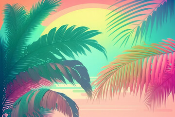 Wall Mural - Colorful palm tree background with pastel colors and sunset in the background. Generative AI