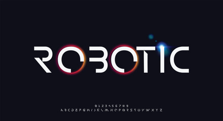 Robotic abstract modern techno font, abstract geometric sci fi bold display letter set, stencil clean stencil monospaced robotic typeface