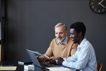 Side view portrait of black young businessman with senior colleague collaborating at workplace in office, copy space