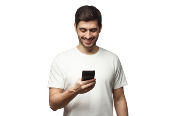 Wall Mural - Young man wearing white t-shirt, surfing the web with phone