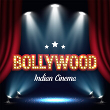 Bollywood Indian Cinema. Movie Banner Or Poster With Red Curtain Illuminated By Spotlights. Vector Illustration.