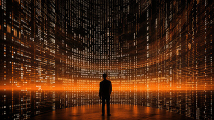 Wall Mural - cyberspace with binary code. human silhouette in digital world. virtual reality and futuristic backg
