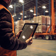 © DALU11 - Worker using the tablet in a logistics center or warehouse. Generative AI.