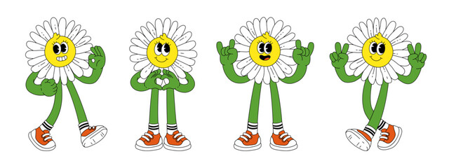 Wall Mural - Flower retro funky cartoon characters. Comic mascot of daisy with happy smile face, hands and feet. Groovy summer vector illustration. Fruits flower berries juicy sticker pack.