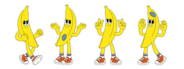 Wall Mural - Fruit retro funky cartoon characters. Comic mascot of banana with happy smile face, hands and feet. Groovy summer vector illustration. Fruits flower berries juicy sticker pack.