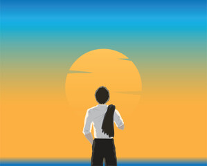 vector design of an evening sky and sea landscape with an orange sun and a man in a white shirt and black pants standing with his suit jacket on his back facing the setting sun